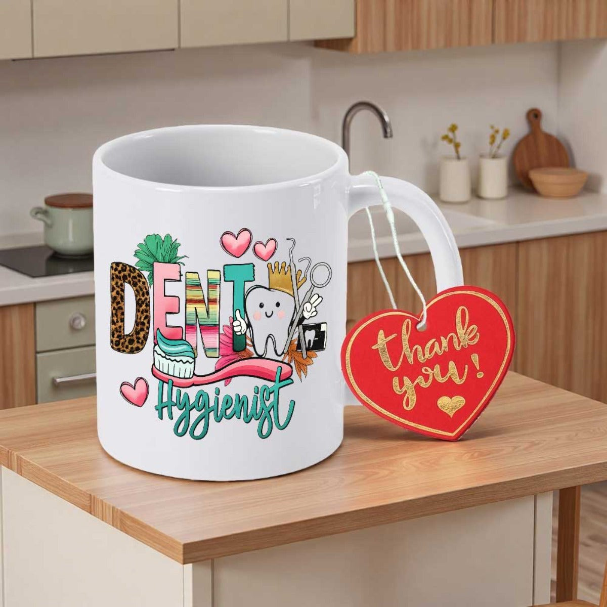 Tailorly White Ceramic 11 oz Mug - Dental Hygienist Thank You Colorful Cartoon Character Surrounded By Hearts And Dental Tools Tooth