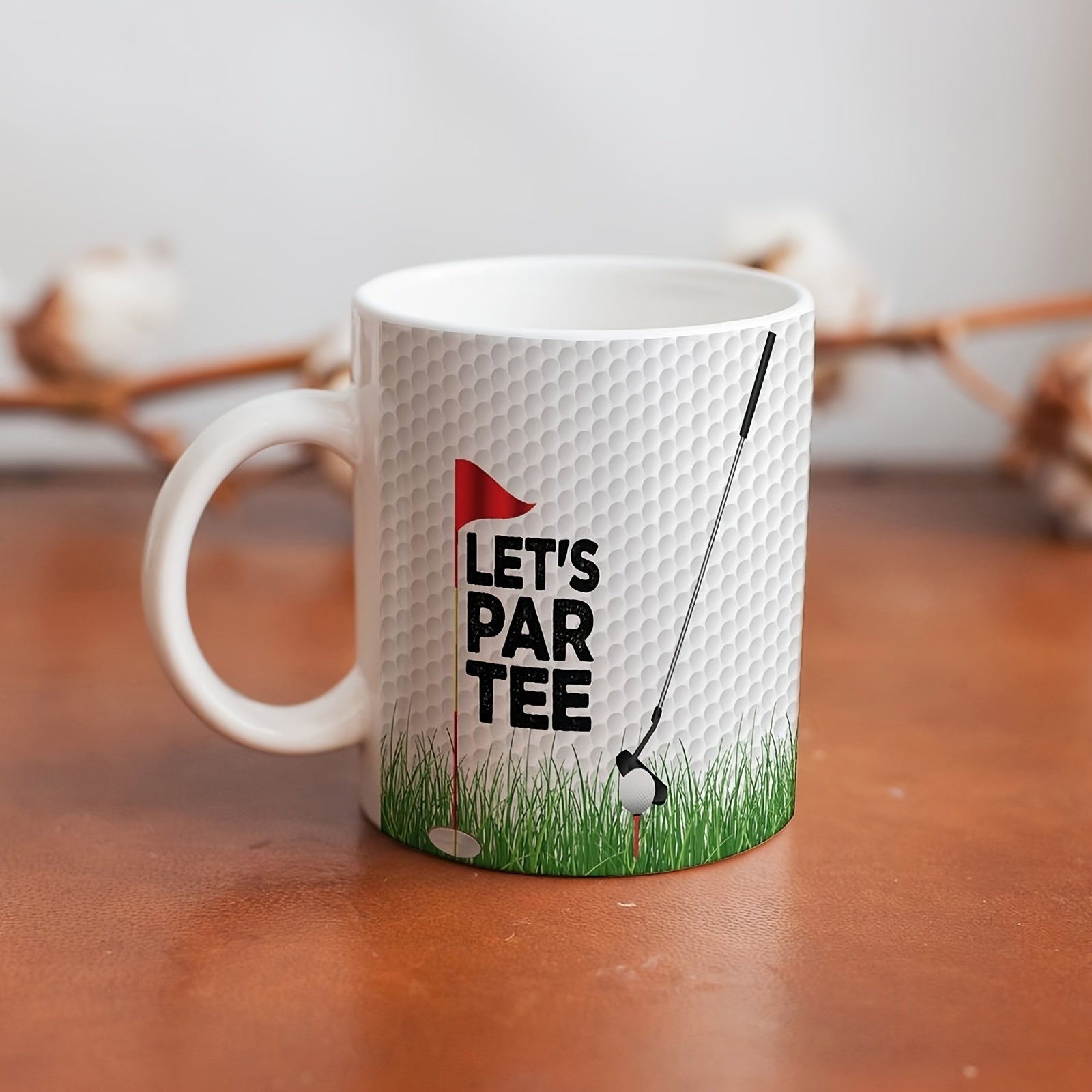 Tailorly White Ceramic 11 oz Mug - Let's Par Tee Red Flag Over Green Grass With Golf Club And Ball On Tee