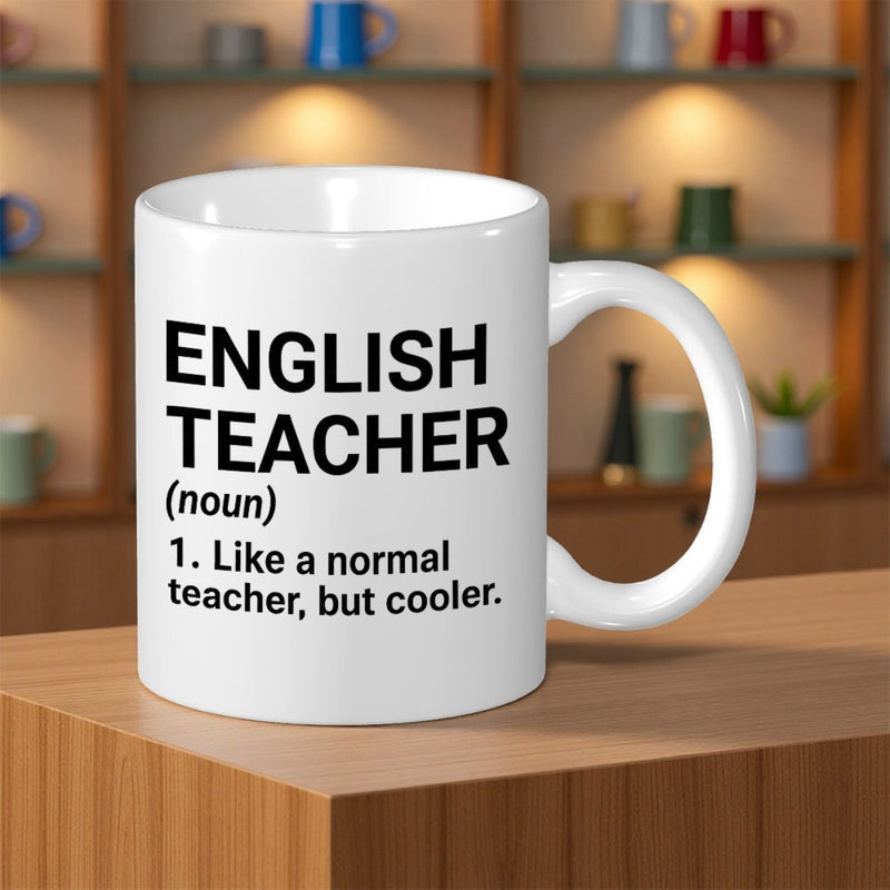 Tailorly White Ceramic 11 oz Mug - English Teacher Like A Normal Teacher But Cooler Minimalist Bold Black Text Style Displaying A Humorous Professional Definition