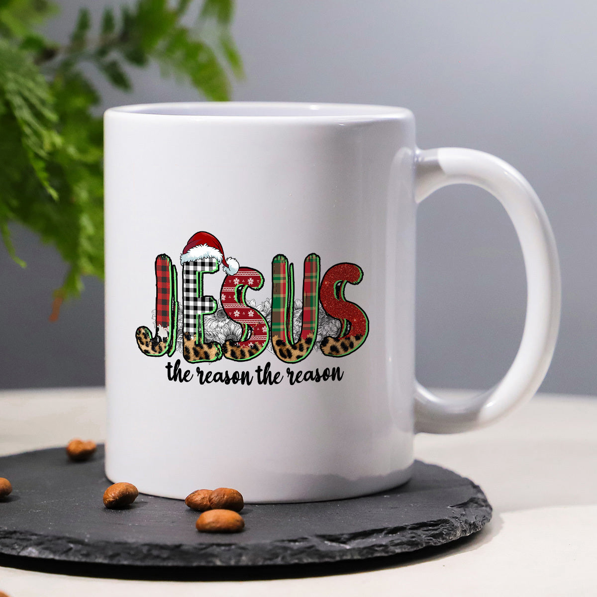 Tailorly White Ceramic 11 oz Mug - Jesus The Reason The Reason Festive Plaid Pattern With Leopard Print And Classic Red Santa Hat Mug