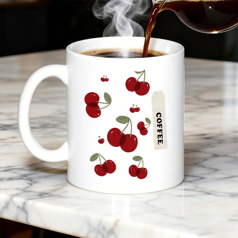 Tailorly White Ceramic 11 oz Mug - Coffee Vibrant Red Sweet Fruits With Green Leaves And Elegant Minimalist Style Cherry