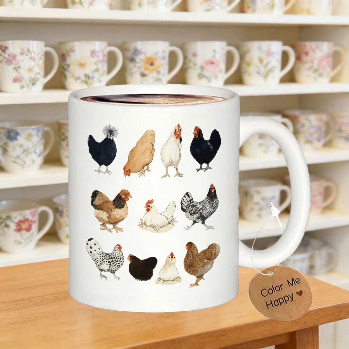 Tailorly White Ceramic 11 oz Mug - Color Me Happy Various Colorful Poultry Breeds Standing Together In Rustic Farmhouse Style Chicken