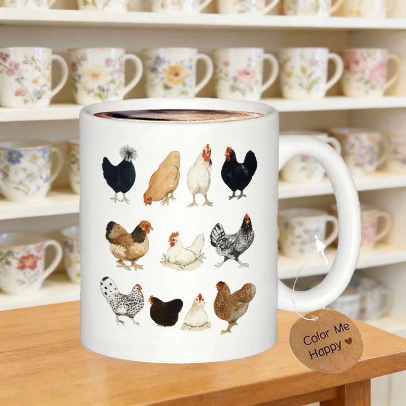 Tailorly White Ceramic 11 oz Mug - Color Me Happy Various Colorful Poultry Breeds Standing Together In Rustic Farmhouse Style Chicken