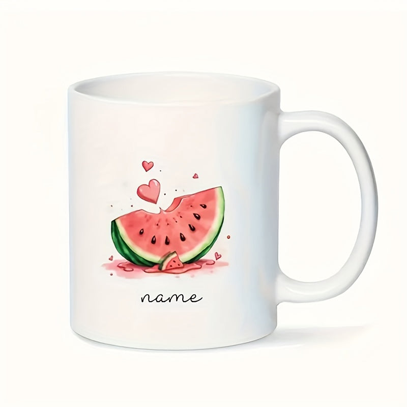 Tailorly White Ceramic 11 oz Mug - Name Juicy Sliced Fruit With Small Pink Hearts Floating In Artistic Style Watermelon