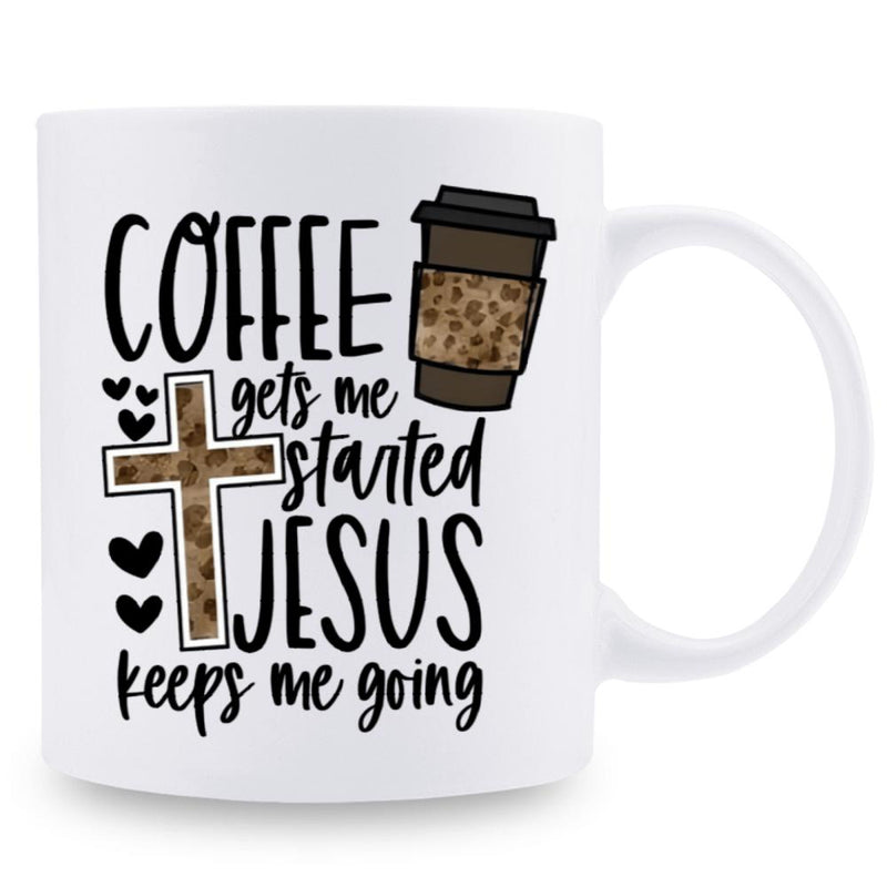 Tailorly White Ceramic 11 oz Mug - Coffee Gets Me Started Jesus Keeps Me Going Leopard Patterned Elements With Small Hearts And Coffee Cup Cross