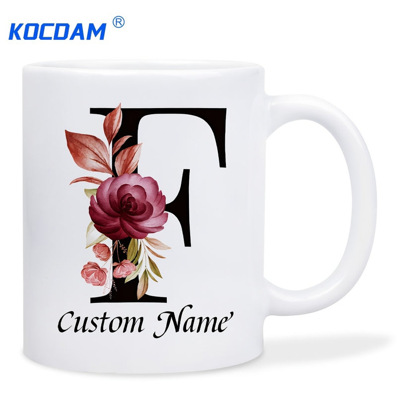Tailorly White Ceramic 11 oz Mug - Custom Name Large Black Initial Letter With Elegant Red Rose And Leaves Mug