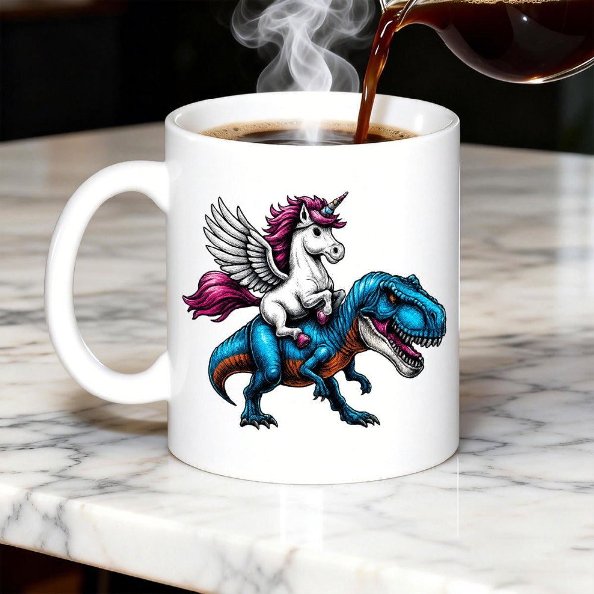 Tailorly White Ceramic 11 oz Mug - Majestic Winged Unicorn Riding On Top Of Blue Prehistoric Dinosaur