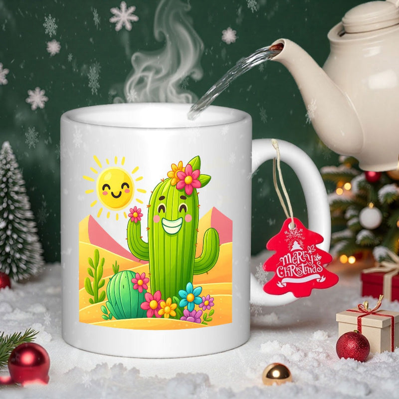 Tailorly White Ceramic 11 oz Mug - Smiling Sun Shining Over Desert Landscape With Colorful Small Flowers On Cactus