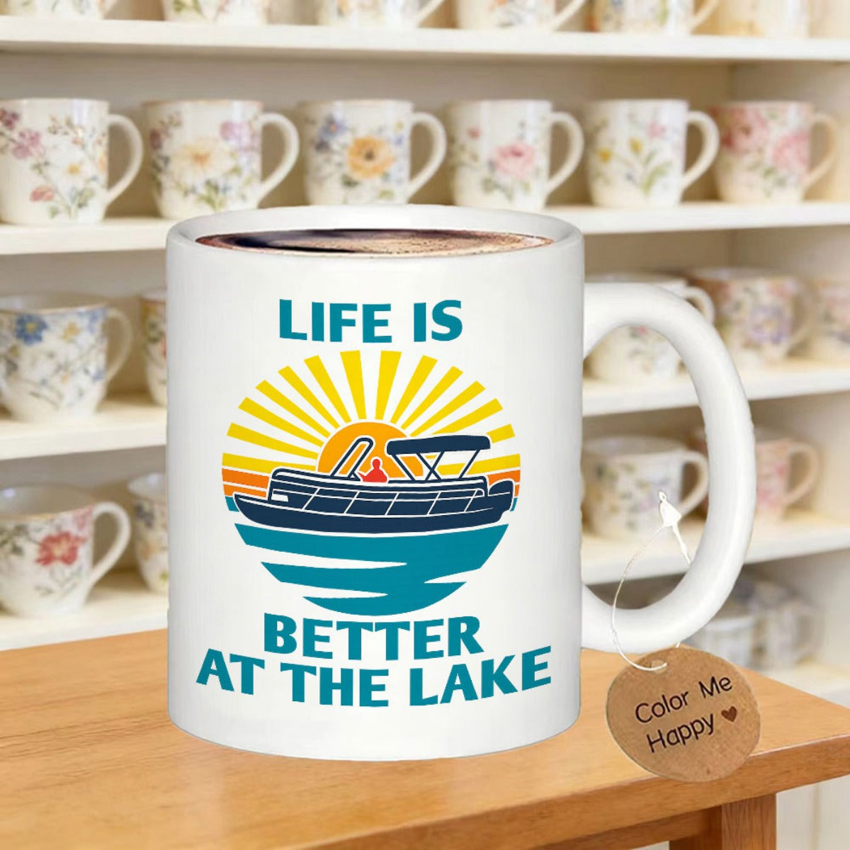 Tailorly White Ceramic 11 oz Mug - Life Is Better At The Lake Retro Stylized Sunset Over Water With A Floating Peaceful Pontoon Boat