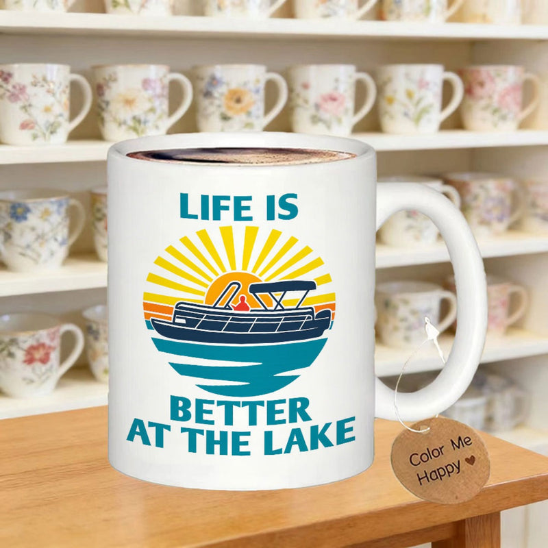 Tailorly White Ceramic 11 oz Mug - Life Is Better At The Lake Retro Stylized Sunset Over Water With A Floating Peaceful Pontoon Boat