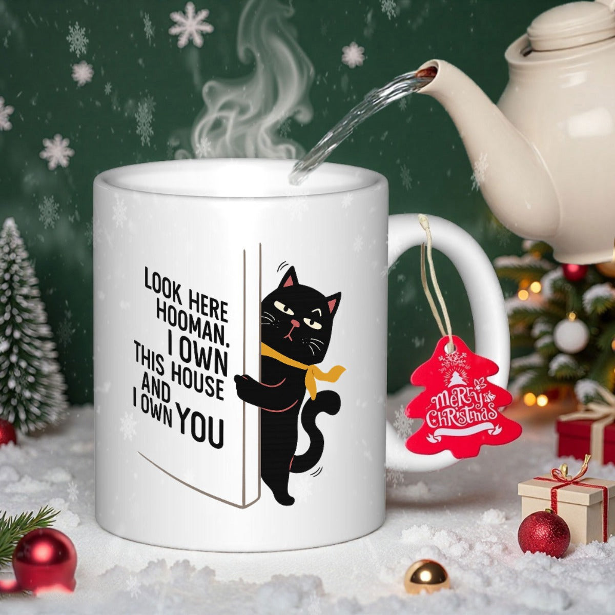Tailorly White Ceramic 11 oz Mug - Look Here Hooman I Own This House And I Own You Cartoon Black Cat With Yellow Scarf Peering From Behind White Door Cat