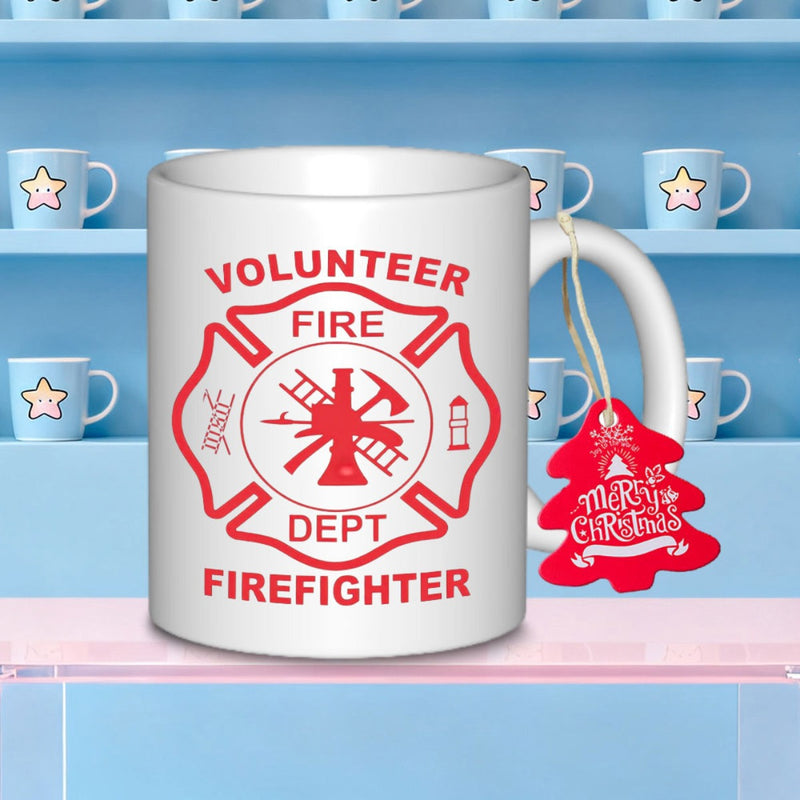Tailorly White Ceramic 11 oz Mug - Volunteer Fire Dept Firefighter Traditional Red Florian Cross Featuring Axe And Ladder Protection Symbol