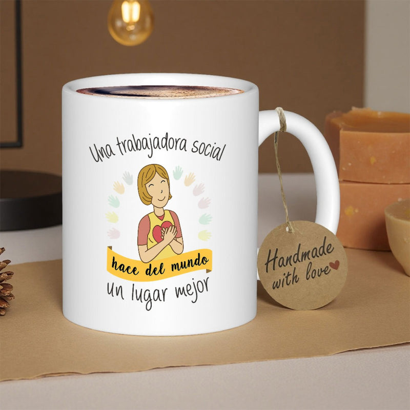 Tailorly White Ceramic 11 oz Mug - Handmade With Love Smiling Female Figure With Heart Surrounded By Colorful Pastel Dots Woman
