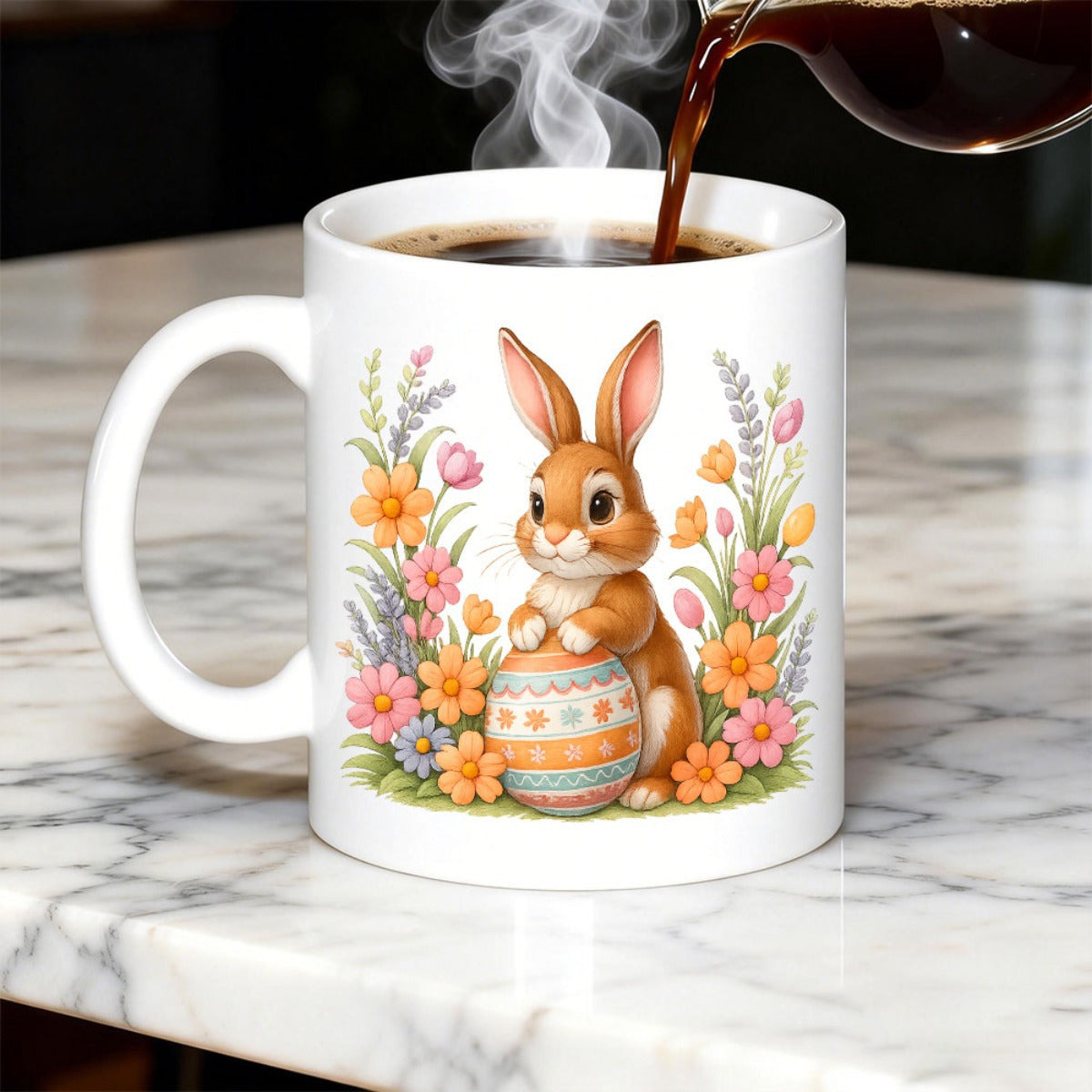 Tailorly White Ceramic 11 oz Mug - Adorable Brown Rabbit Holding An Easter Egg Among Colorful Spring Flowers Bunny
