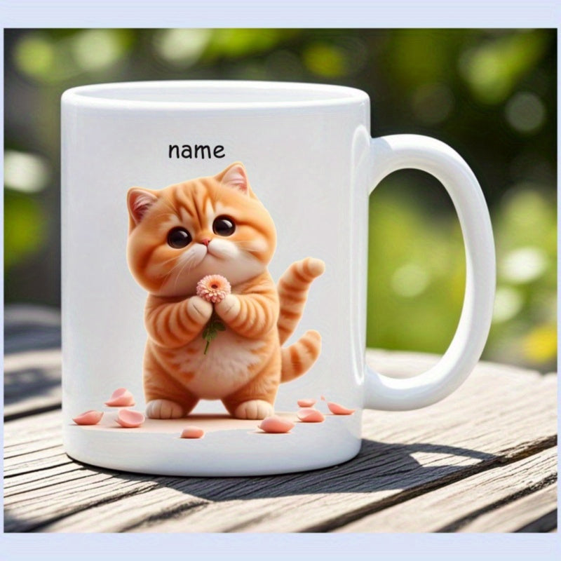 Tailorly White Ceramic 11 oz Mug - Name Adorable Orange Striped Kitten Standing On Wood Holding Tiny Petals Cat