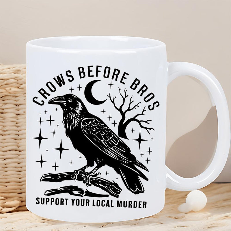 Tailorly White Ceramic 11 oz Mug - Crows Before Bros Support Your Local Murder Mysterious Black Raven Perched On Wood Branch Under Crescent Moon Tree Raven