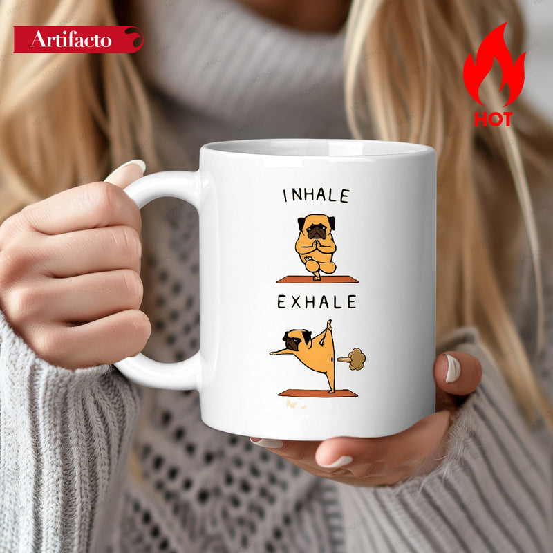 Tailorly White Ceramic 11 oz Mug - Inhale Exhale Funny Cartoon Pug Doing Yoga Poses On Minimalist Mats Pug