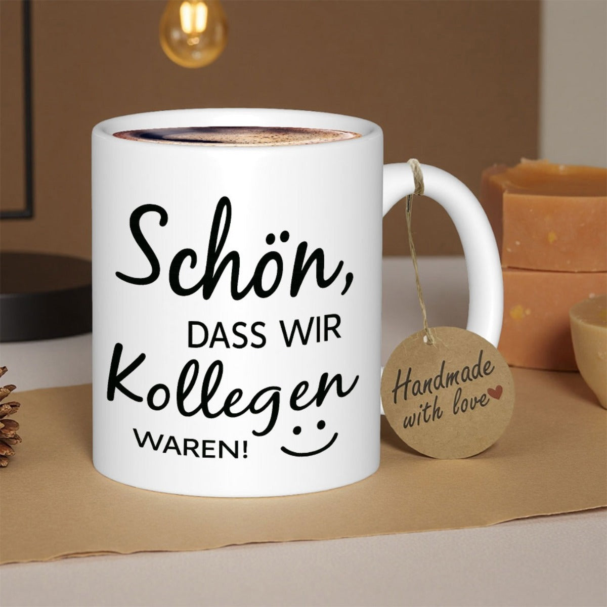 Tailorly White Ceramic 11 oz Mug - Handmade With Love Minimalist White Ceramic Vessel With Artistic Script And Friendly Smiling Face Mug