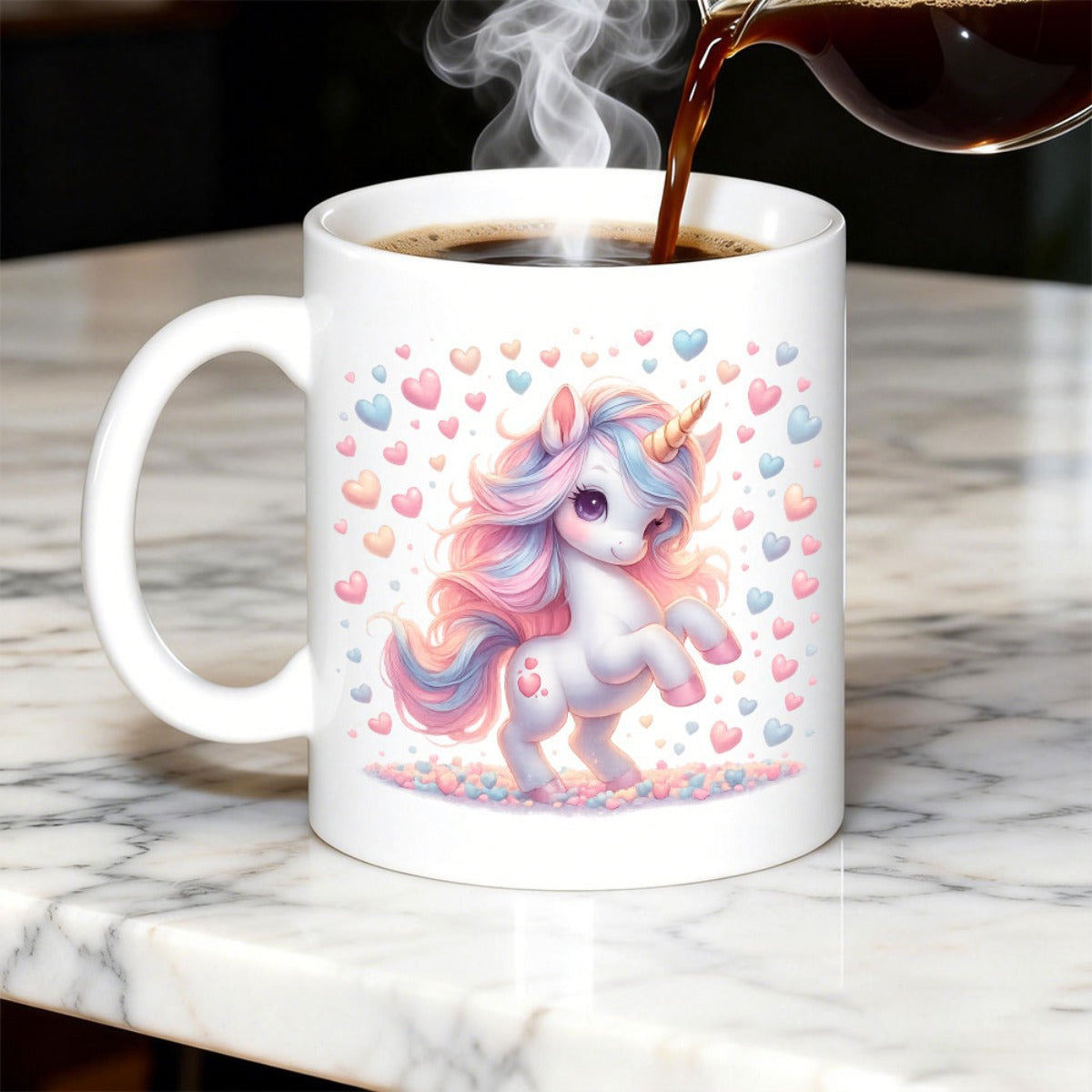 Tailorly White Ceramic 11 oz Mug - Whimsical Pastel Colored Fantasy Creature Surrounded By Floating Tiny Heart Patterns Unicorn