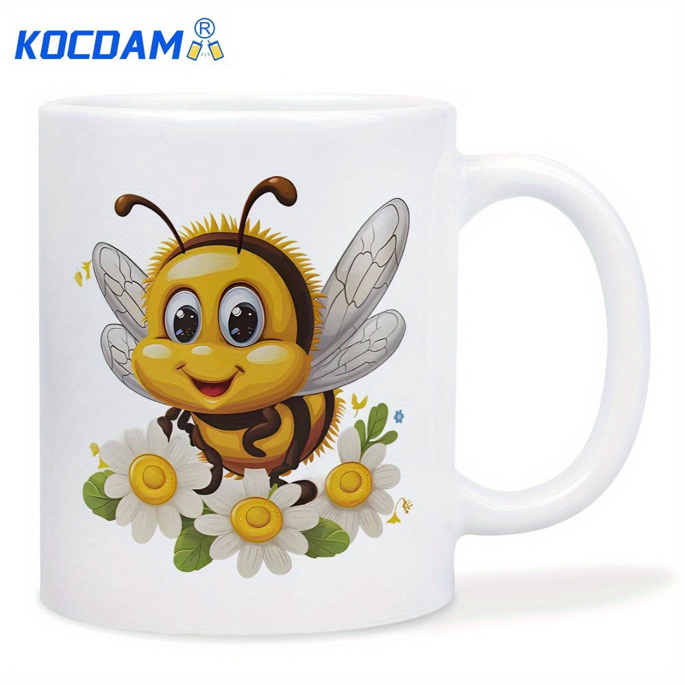 Tailorly White Ceramic 11 oz Mug - Happy Smiling Cartoon Honey Bee Hovering Over Fresh White Daisies Bee