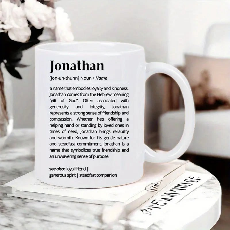 Tailorly White Ceramic 11 oz Mug - Jonathan Minimalist Featuring Classic Black Typography Definition Style Mug