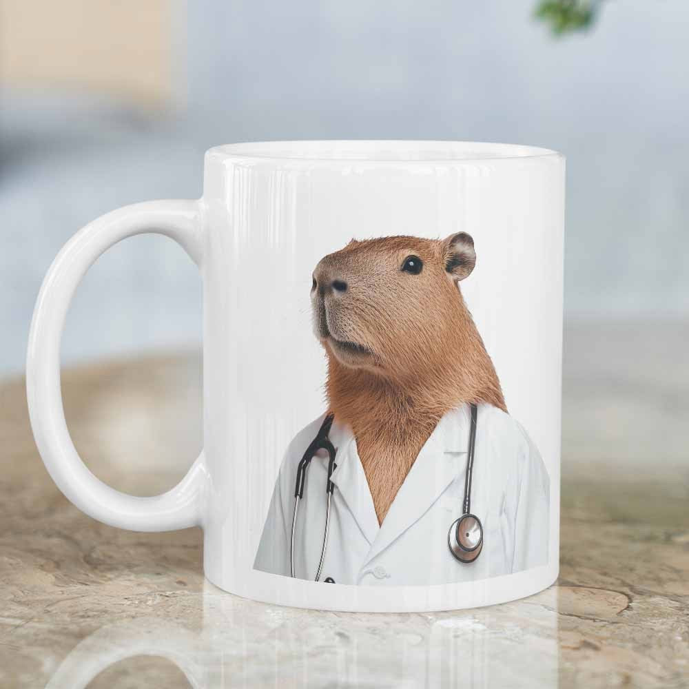 Tailorly White Ceramic 11 oz Mug - Professional Medical Expert Wearing A White Lab Coat And Stethoscope Capybara