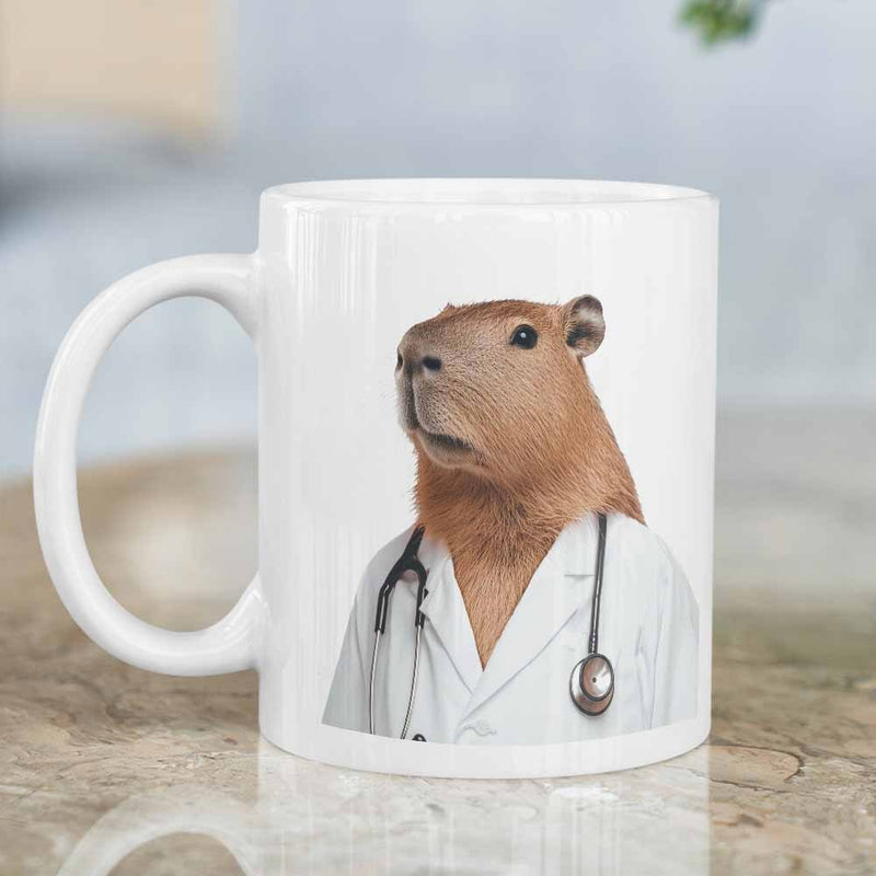 Tailorly White Ceramic 11 oz Mug - Professional Medical Expert Wearing A White Lab Coat And Stethoscope Capybara