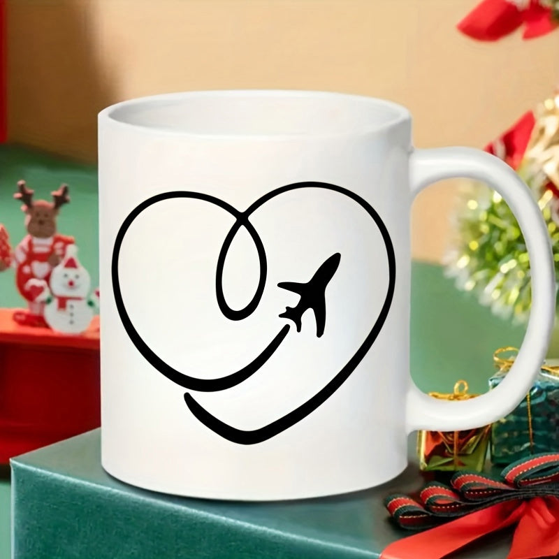 Tailorly White Ceramic 11 oz Mug - Minimalist Black Line Drawing Forming A Heart Shape Following A Tiny Airplane