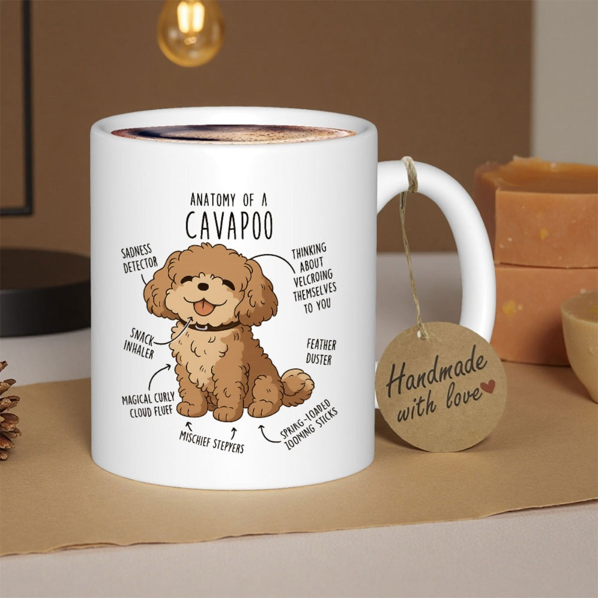 Tailorly White Ceramic 11 oz Mug - Anatomy Of A Cavapoo Hand Drawn Cartoon Puppy Featuring Detailed Humorous Labels Highlighting Physical Traits Dog