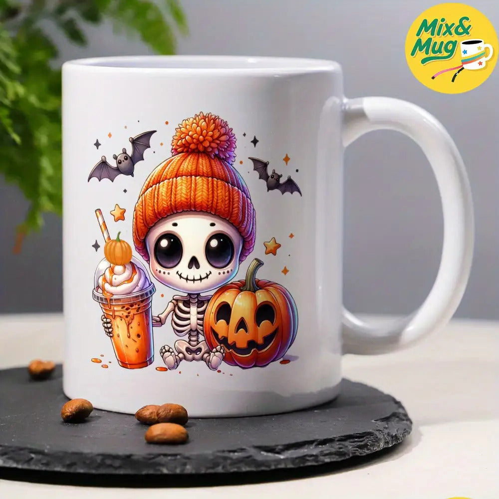Tailorly White Ceramic 11 oz Mug - Cute Halloween Skeleton Wearing Beanie Sitting With Pumpkin And Autumn Drink Skeleton