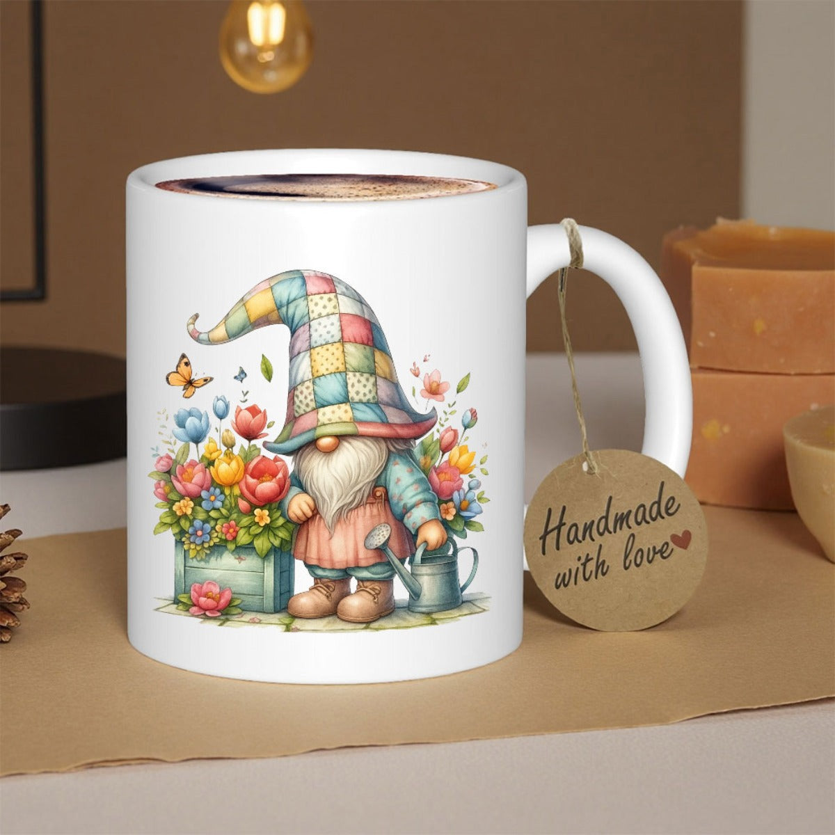 Tailorly White Ceramic 11 oz Mug - Handmade With Love Colorful Patchwork Hat Standing Among Blooming Spring Flowers And Garden Watering Can Gnome