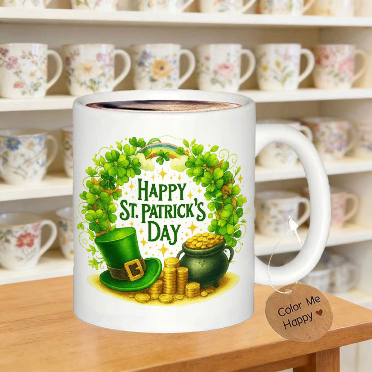 Tailorly White Ceramic 11 oz Mug - Happy St Patricks Day Vibrant Green Wreath With Gold Pot And Lucky Leprechaun Hat