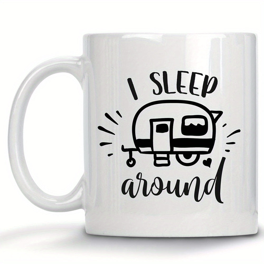 Tailorly White Ceramic 11 oz Mug - I Sleep Around Minimalist Retro Style With Stylized Radiating Lines And Heart Trailer