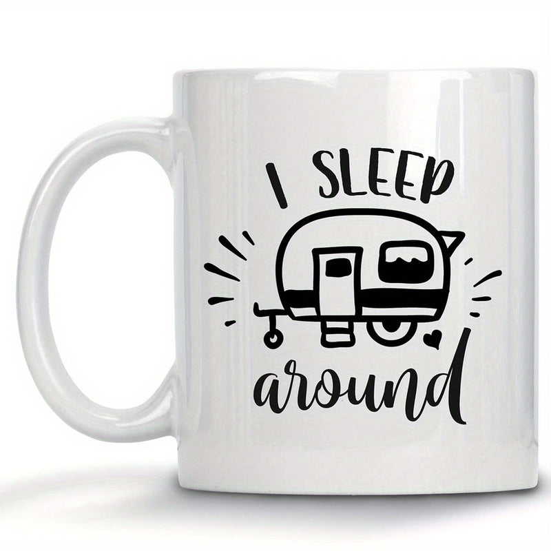 Tailorly White Ceramic 11 oz Mug - I Sleep Around Minimalist Retro Style With Stylized Radiating Lines And Heart Trailer