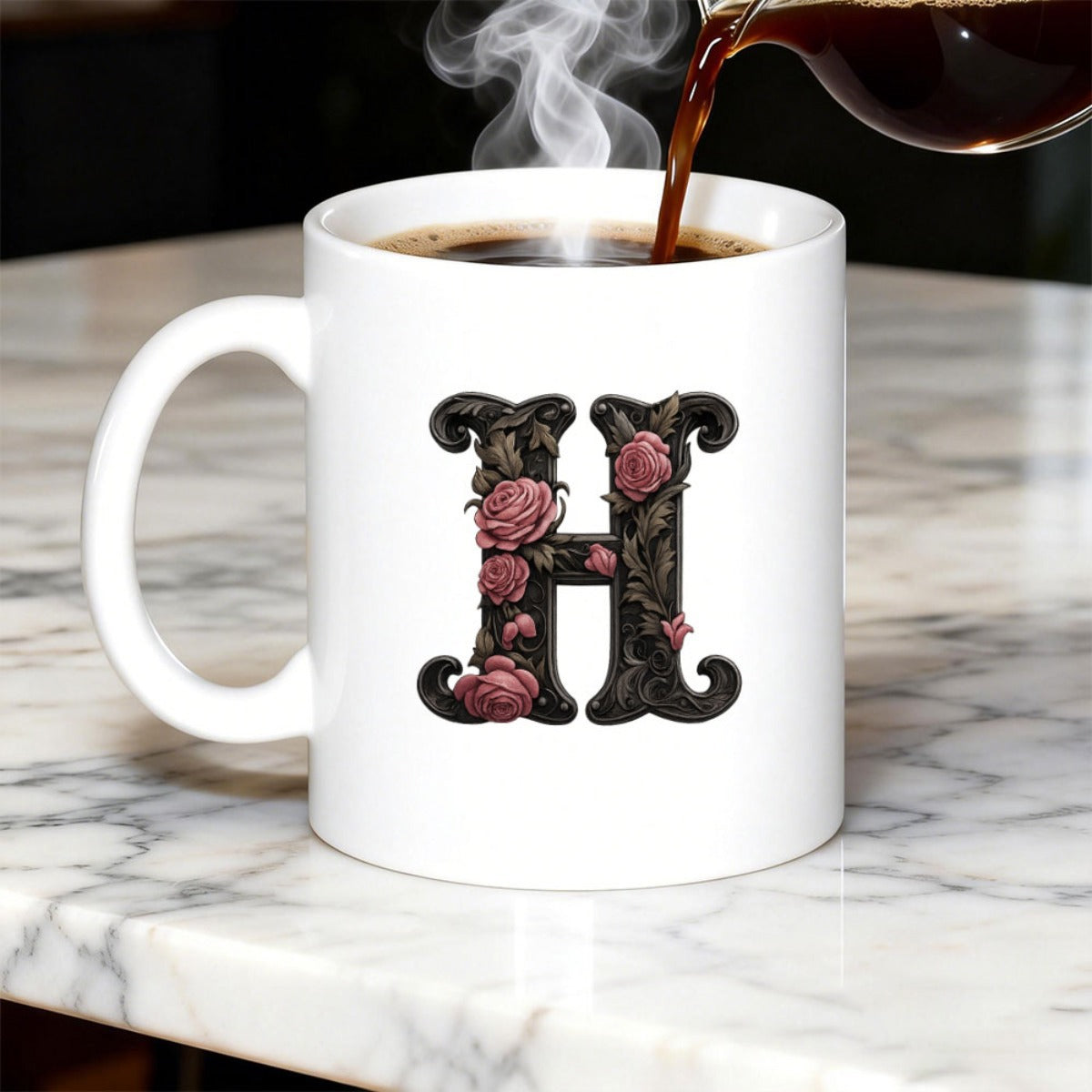 Tailorly White Ceramic 11 oz Mug - H Elegant Dark Vintage Style Decorated With Pink Roses And Blossoms Letter
