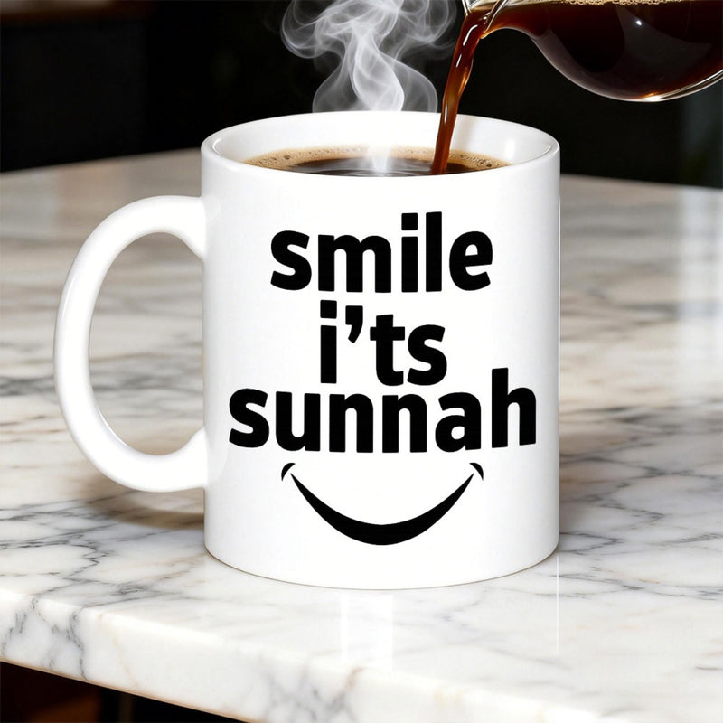 Tailorly White Ceramic 11 oz Mug - Smile Its Sunnah Minimalist Simple Curved Line Forming A Happy Cheerful Expression