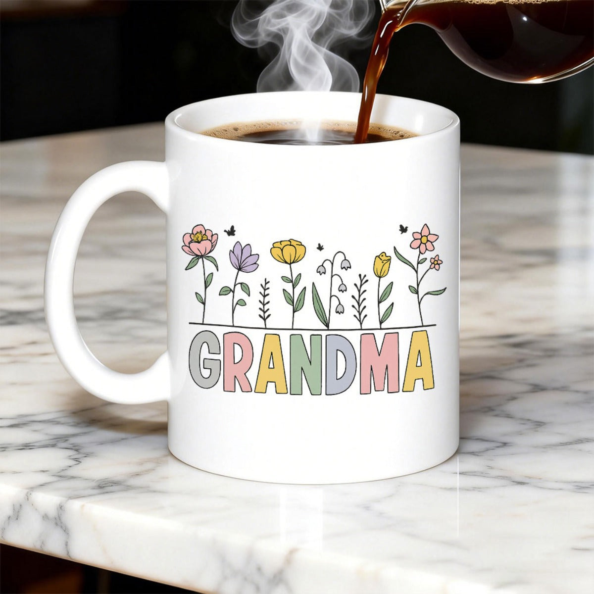Tailorly White Ceramic 11 oz Mug - Grandma Colorful Wildflowers Growing In A Row Above Artistic Letters Flower