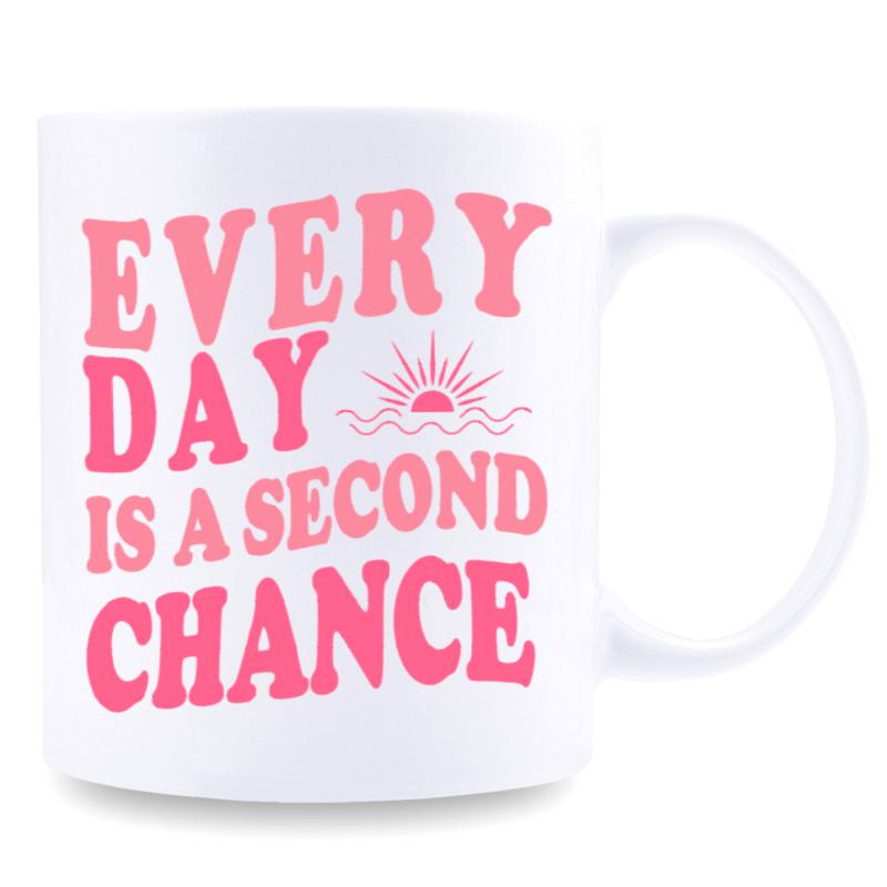 Tailorly White Ceramic 11 oz Mug - Every Day Is A Second Chance Pink Retro Lettering Featuring A Simple Graphic Rising Sun