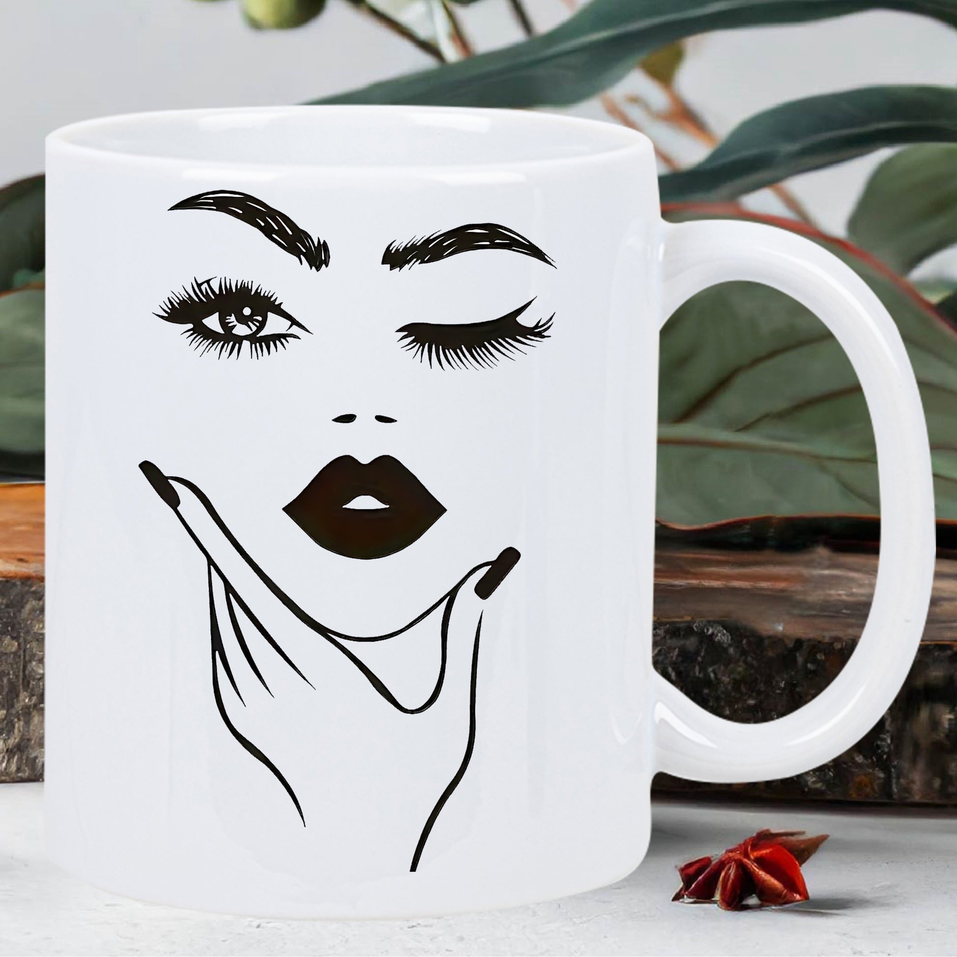 Tailorly White Ceramic 11 oz Mug - Minimalist Artistic Line Art Featuring A Winking Glamorous Face Woman