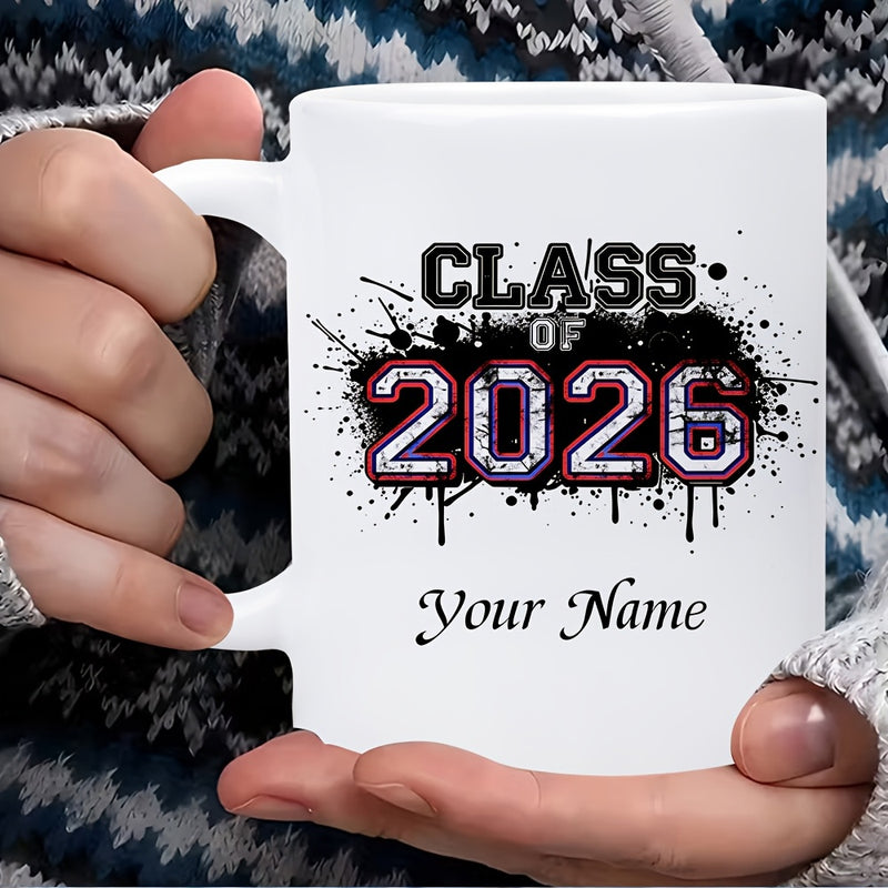 Tailorly White Ceramic 11 oz Mug - Class Of 2026 Your Name Artistic Black Ink Splatter Background With Bold Collegiate Styled Numbers Mug
