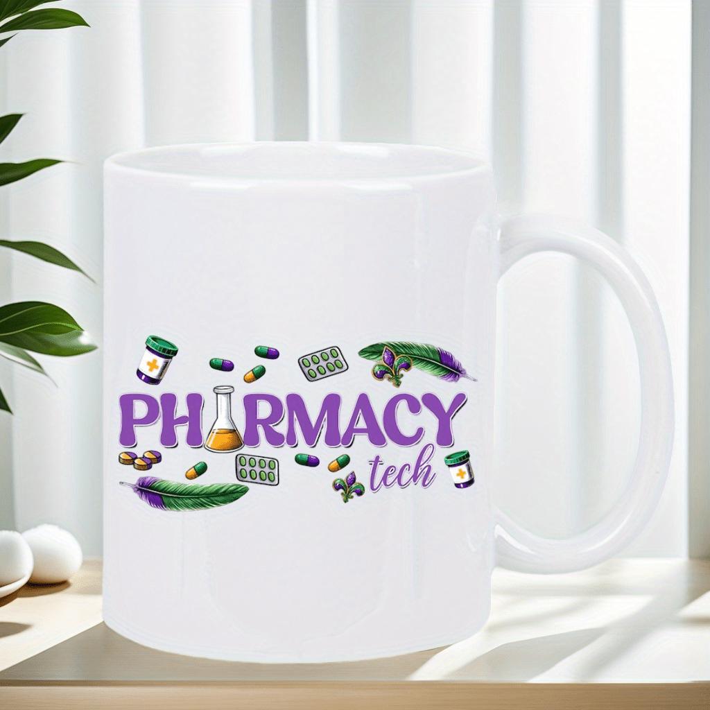 Tailorly White Ceramic 11 oz Mug - Pharmacy Tech Colorful Medical Icons With Capsules Bottles And A Scientific Beaker Pharmacy
