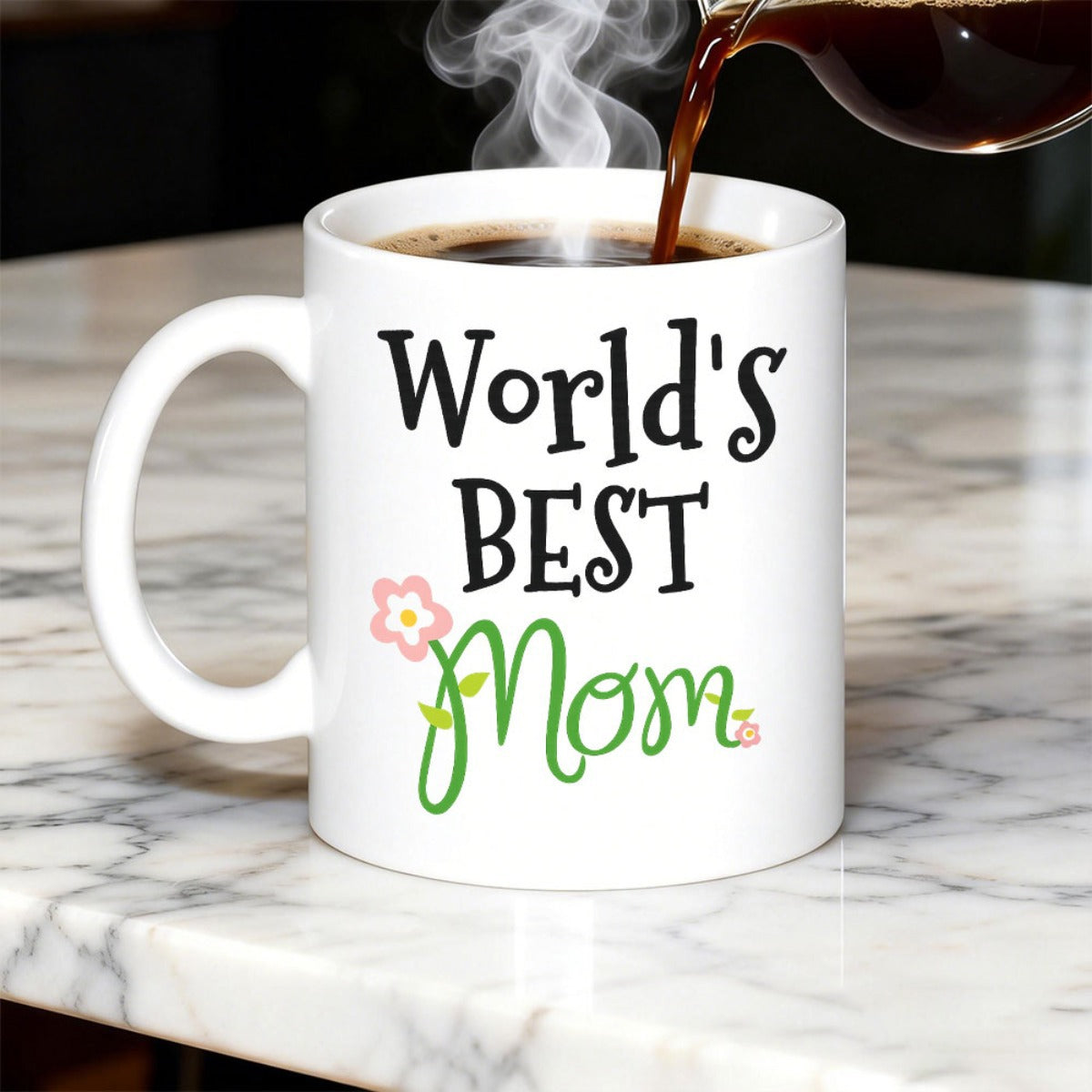 Tailorly White Ceramic 11 oz Mug - Worlds Best Mom Artistic Cursive Script With Blooming Pink Flower And Green Leaves Mug