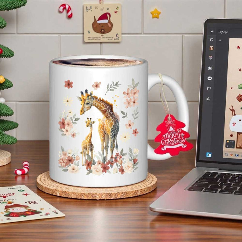 Tailorly White Ceramic 11 oz Mug - Two Gentle Giraffes Standing Among Delicate Blooming Flowers And Green Leaves Giraffe