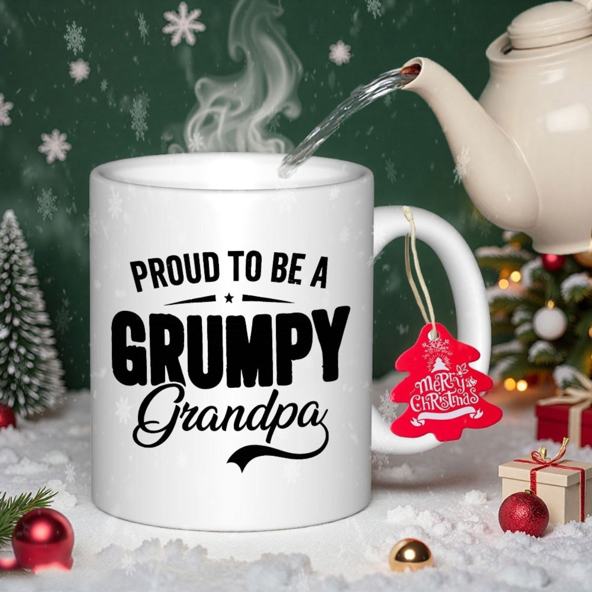 Tailorly White Ceramic 11 oz Mug - Proud To Be A Grumpy Grandpa Elegant Featuring Bold Decorative Typography Among Snowy Winter Decorations Mug