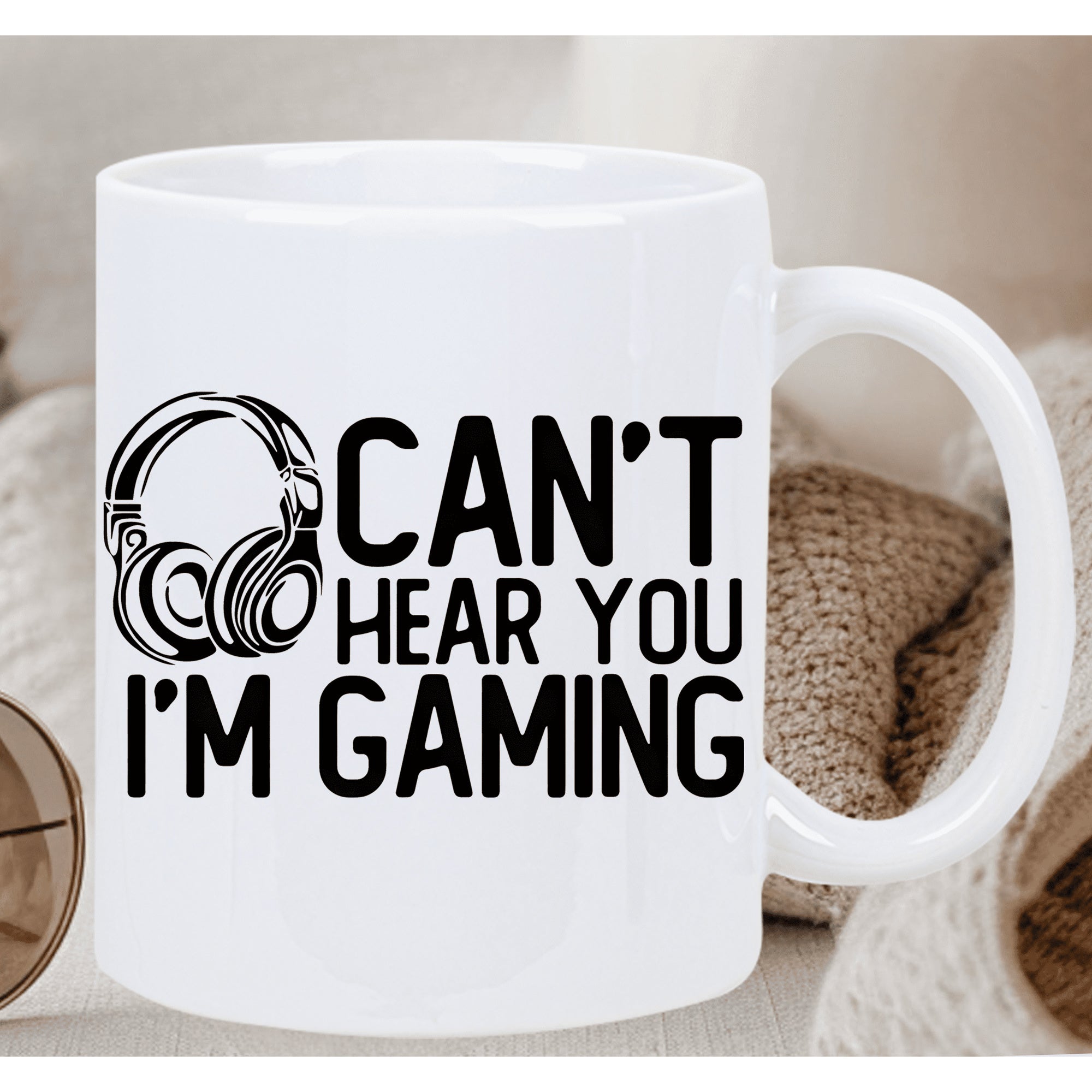 Tailorly White Ceramic 11 oz Mug - Cant Hear You Im Gaming Modern Minimalist Black Ink Line Art Illustration Of Gaming Headset Headphone