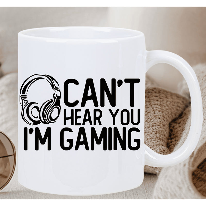 Tailorly White Ceramic 11 oz Mug - Cant Hear You Im Gaming Modern Minimalist Black Ink Line Art Illustration Of Gaming Headset Headphone