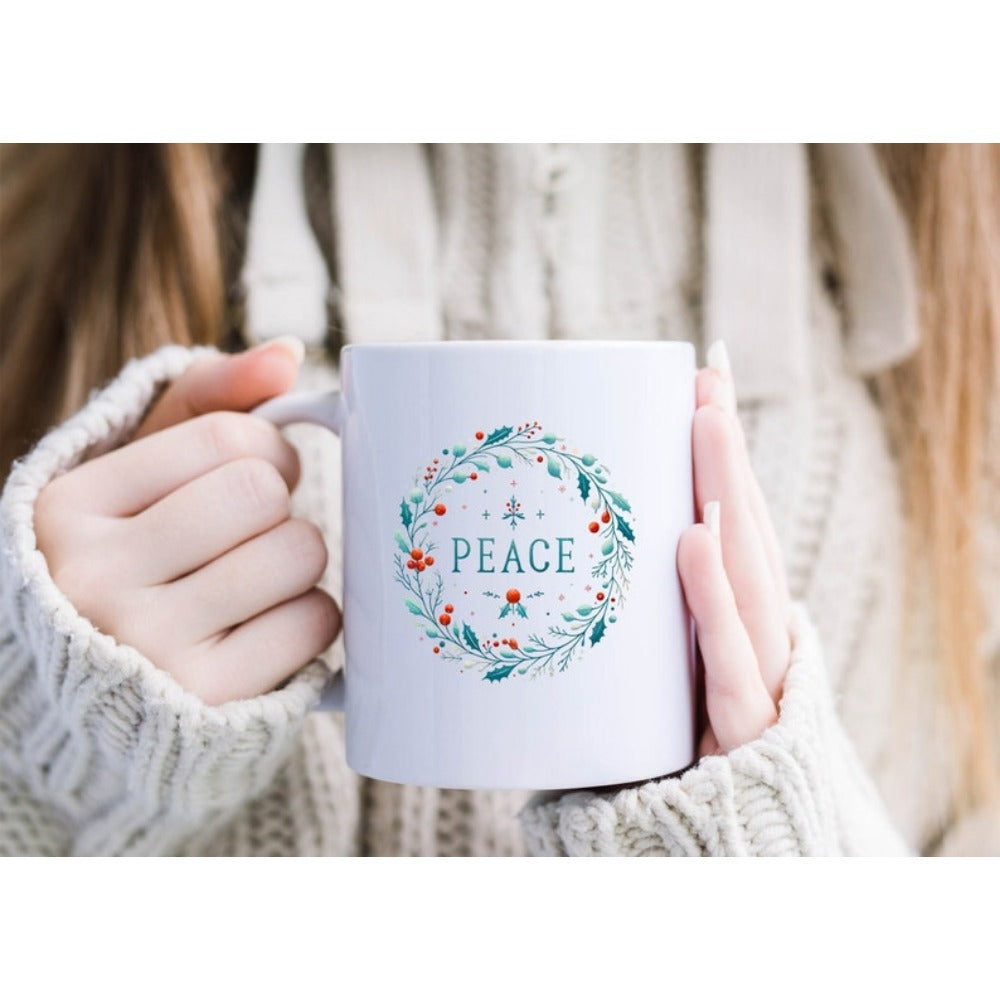 Tailorly White Ceramic 11 oz Mug - Peace Festive Winter Wreath With Green Foliage And Red Berries Wreath