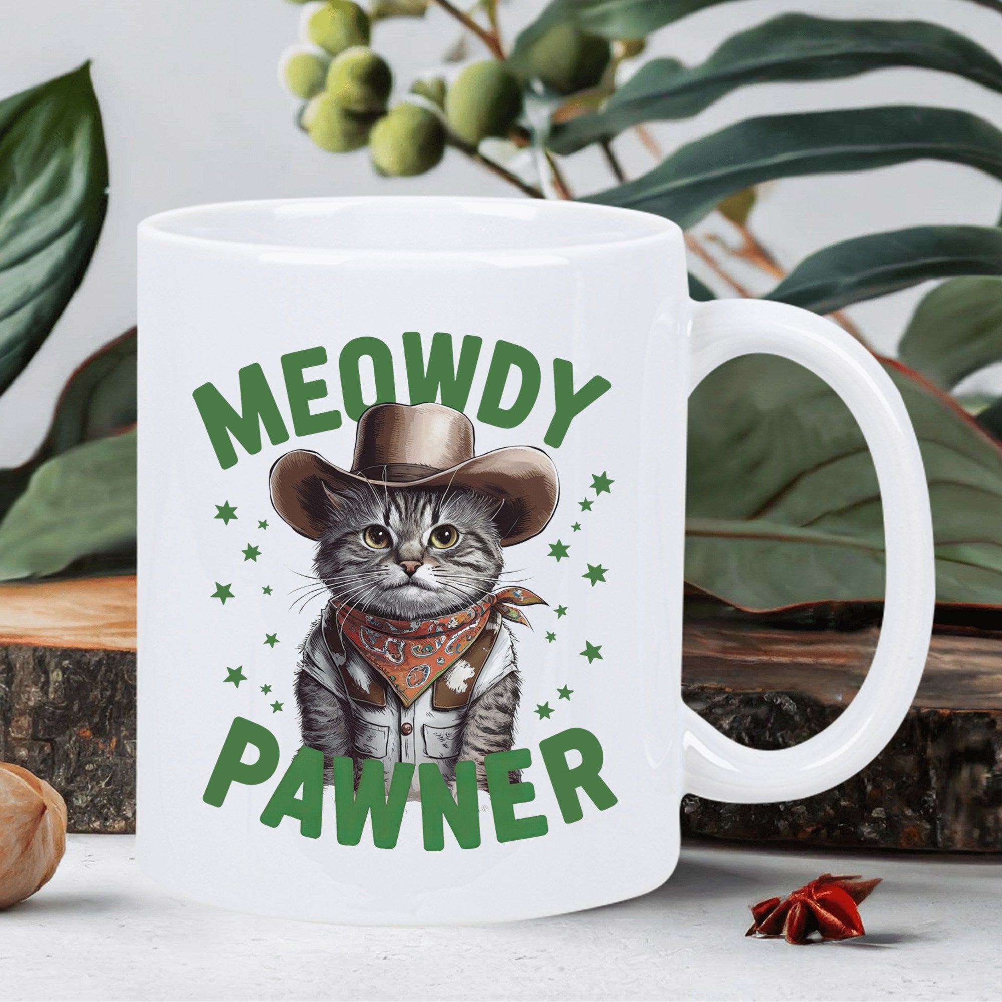 Tailorly White Ceramic 11 oz Mug - Meowdy Pawner Adorable Tabby Cat Wearing Brown Cowboy Hat And Bandana Cat