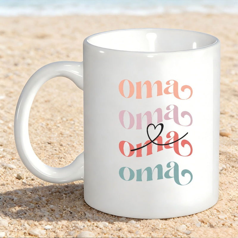 Tailorly White Ceramic 11 oz Mug - Oma Wavy Colorful Retro Script With Delicate Minimalist Line Art Sign