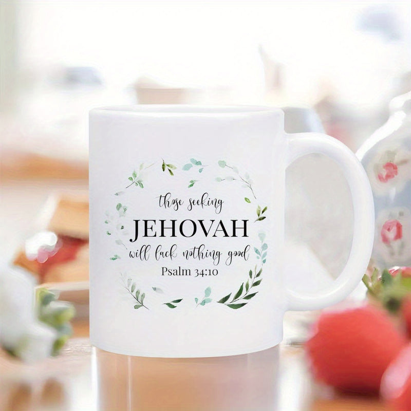 Tailorly White Ceramic 11 oz Mug - Those Seeking Jehovah Will Lack Nothing Good Psalm 34 10 Delicate Green Leaves Circular Wreath With Elegant Artistic Botanical